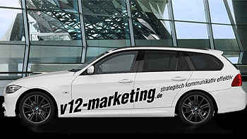 v12-marketing firmenfahrzeug mit logoprint